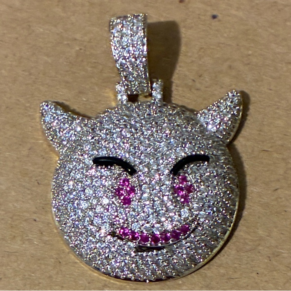 Cubic Zirconia gold plated Pavé Devil Emoji Pendant with Pink Accent Stones
